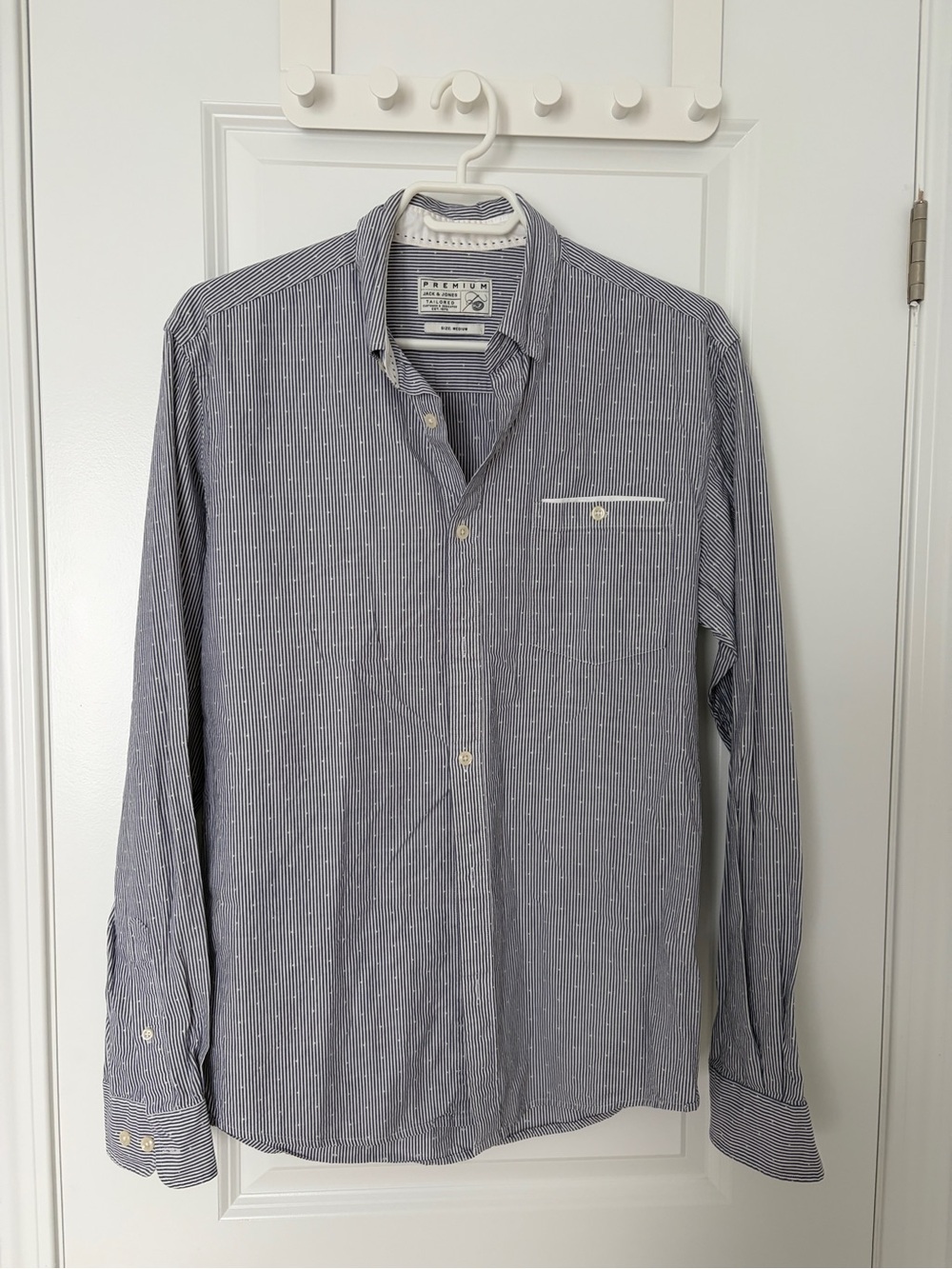 Jack & Jones Navy Blue Thin-Stripe Casual Button-Down Shirt
